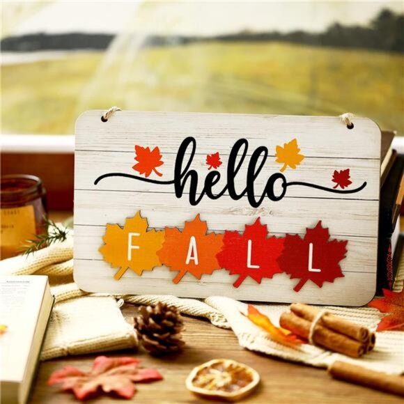 Hello Fall Winter Spring Summer Sign Rustic Wood Decor Farmhouse Wall Hanging - Picture 7 of 8